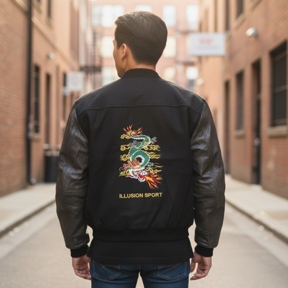 Vintage‎ Illusion Men's Bomber Jacket Dragon Embroidered Leather Sleeves Size XL
